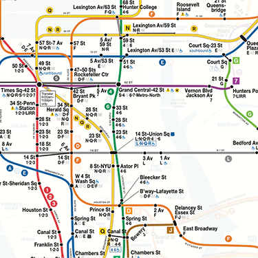 NYC MTA subway map showing planned service in certain severe weather conditions in New York City.